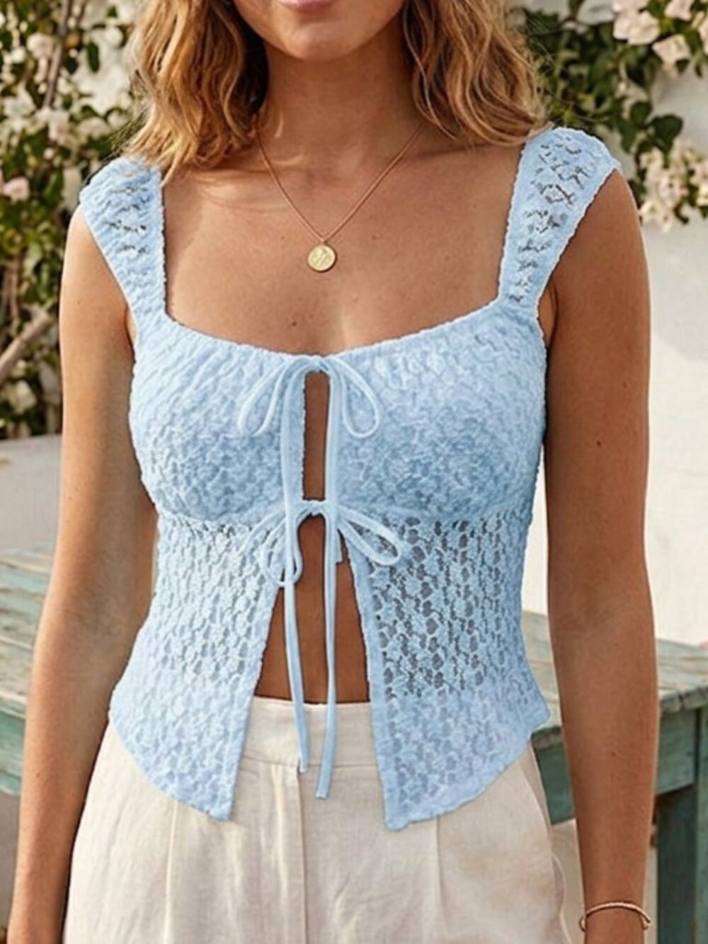 T161. Blue Lace Tie-Front Top